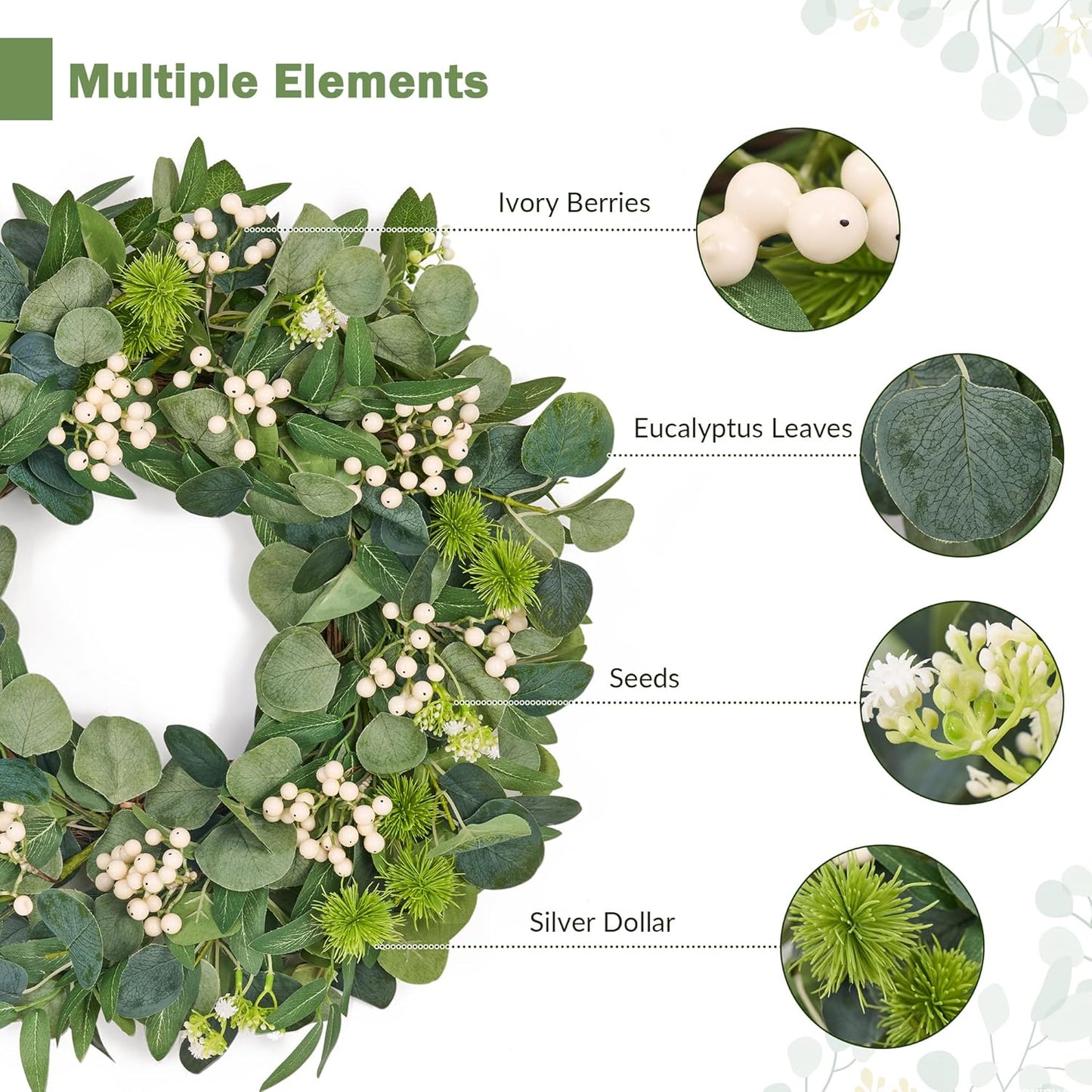 GENMOUS 24Inch Artificial Eucalyptus Wreath for Front Door, Christmas Wreaths with Ivory Berries Silver Dollar, Green Wedding Home Wall Door Hanging Decor All Seasons, Holiday Thanksgiving Halloween