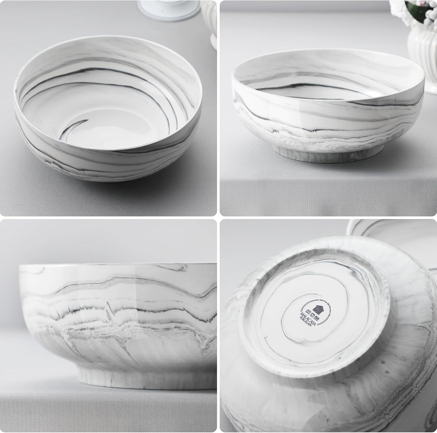 MALACASA Salad Bowls, 114 OZ(10") Extra Large Serving Bowls Set of 2, Porcelain Marble Grey Bowls Set for Soup, Salad, Ramen and Fruit, Dishwasher& Microwave Safe, Series REGULAR