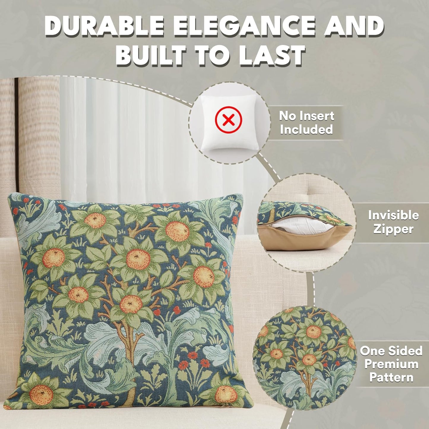 Charlotte Home Furnishings Decorative Tapestry Pillow Cover 19x19 in, Blue Arabesques Couch Throw Pillow Cover, French Country Square Cushion Cases for Bed Room Home Decor, Soft Cotton Jacquard Woven