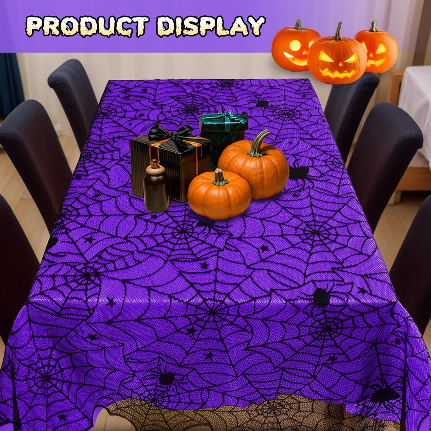 2Pcs Halloween Tablecloths, Black Lace & Purple Lined Rectangular Table Cloth, Spider Web Table Cover for Scary Halloween Decorations Indoor, 54 x 72 Inch