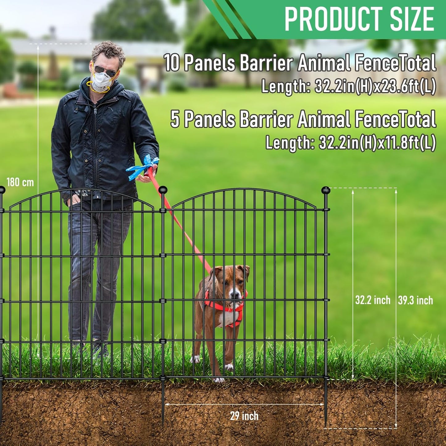 10 Panels Garden Fence Dog Fence Outdoor for Yard, 32in H x 23.6ft L Rustproof Metal Fencing with Ground Stakes | No Dig Animal Proof Containment for Pets/Rabbits | Durable Patio Security Panels