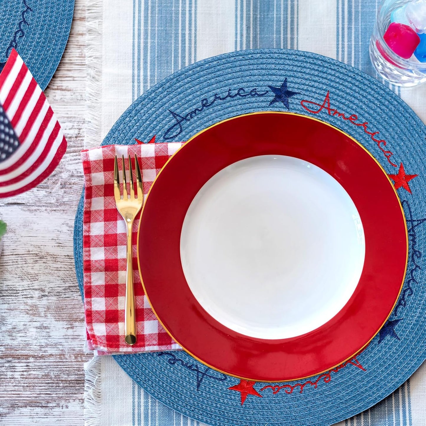 Whaline 4Pcs Round Independence Day Placemats Patriotic Stars Embroidered Place Mats 4th of July Dinner Table Mats for Home Holiday Birthday Party Decor