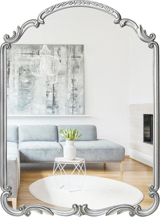 English Estate Carved Arch Wood Wall Mirror, Mirror for Entryway, Living Room, Bathroom, Antique Silver, 20.9x28.9