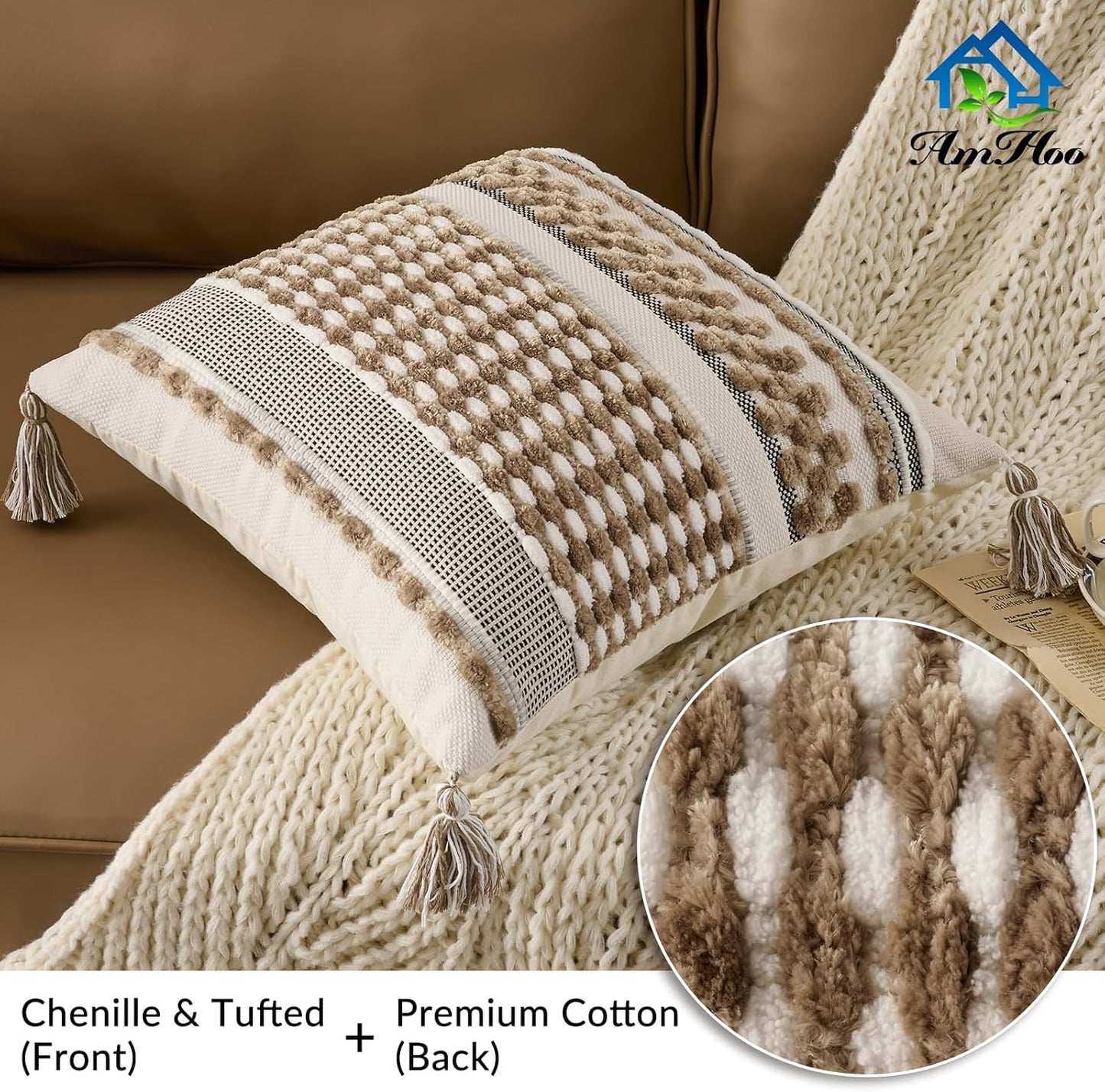 AmHoo Chenille Striped Textured Boho Throw Pillow Covers Aesthetic with Tassels Woven Decorative Pillow Case for Couch Bed Sofa Bedroom Modern Funky 18 x 18-Inch Taos Taupe
