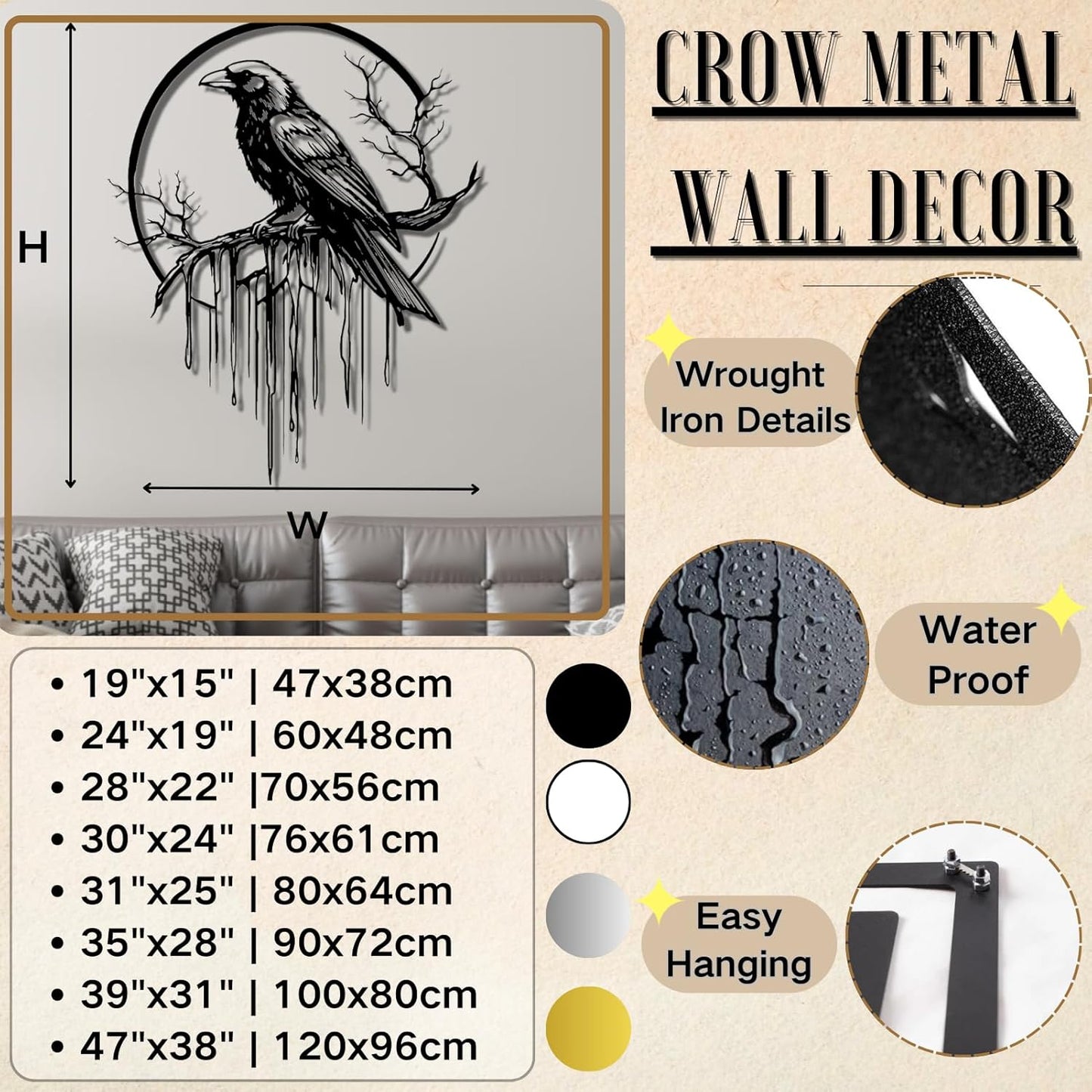 Crow Metal Wall Decor, Raven Wall Art, Large Gothic Raven Decor Hangings, Bird Wall Decor, Metal Tree Branch Decor, Ravens Sign, Raven Art for Living Room (White, 31"x25" | 80x64cm, metal wall art)