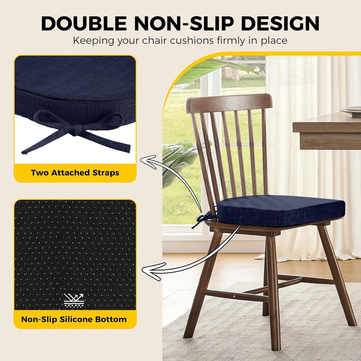 downluxe Indoor Chair Cushions for Dining Chairs, Soft and Comfortable Textured Foam Kitchen Chair Pads with Ties and Non-Slip Backing, 16" x 16" x 2", Navy, 6 Pack