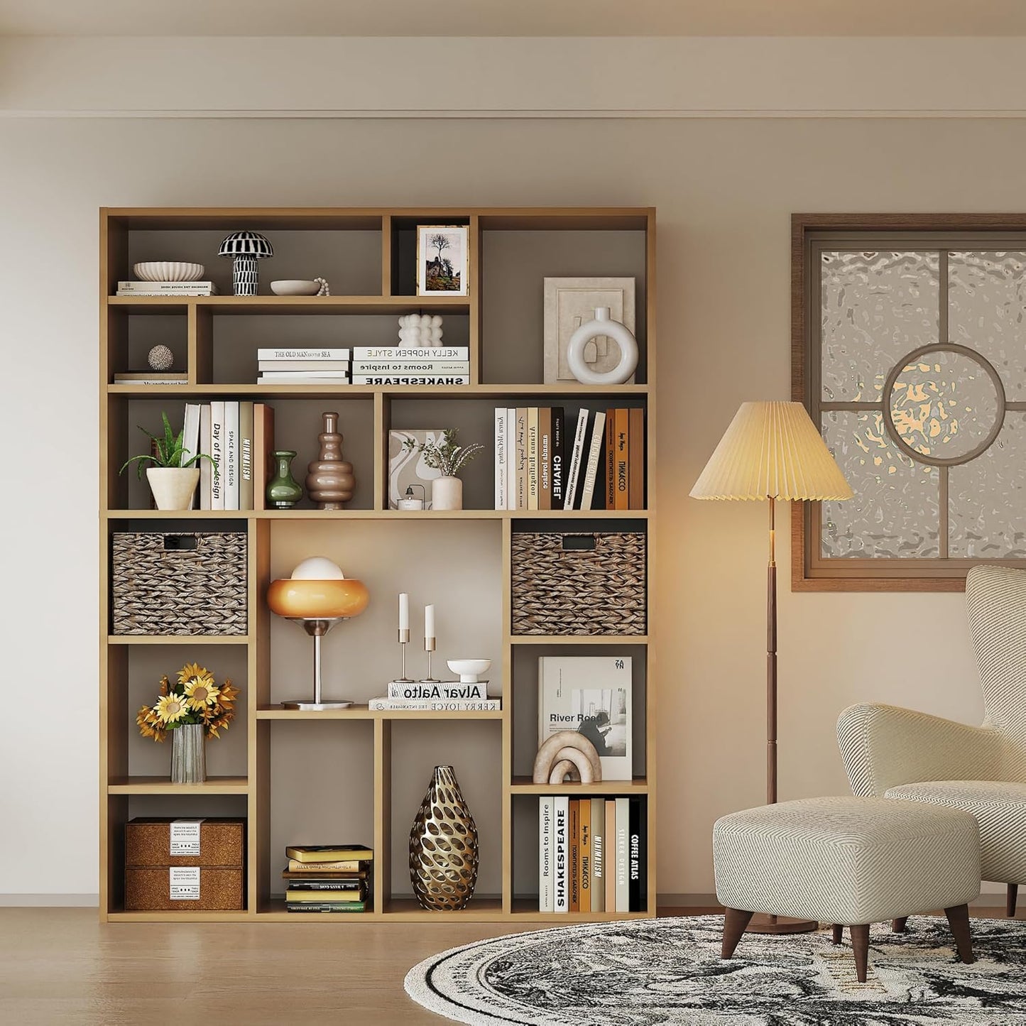 71" Tall 6-Tier Heavy Duty Bookcase with 2 Foldable Storage Baskets, 55" Wide Open Bookshelf with 16 Irregular Cubes for Living Room, Office （Yellow）