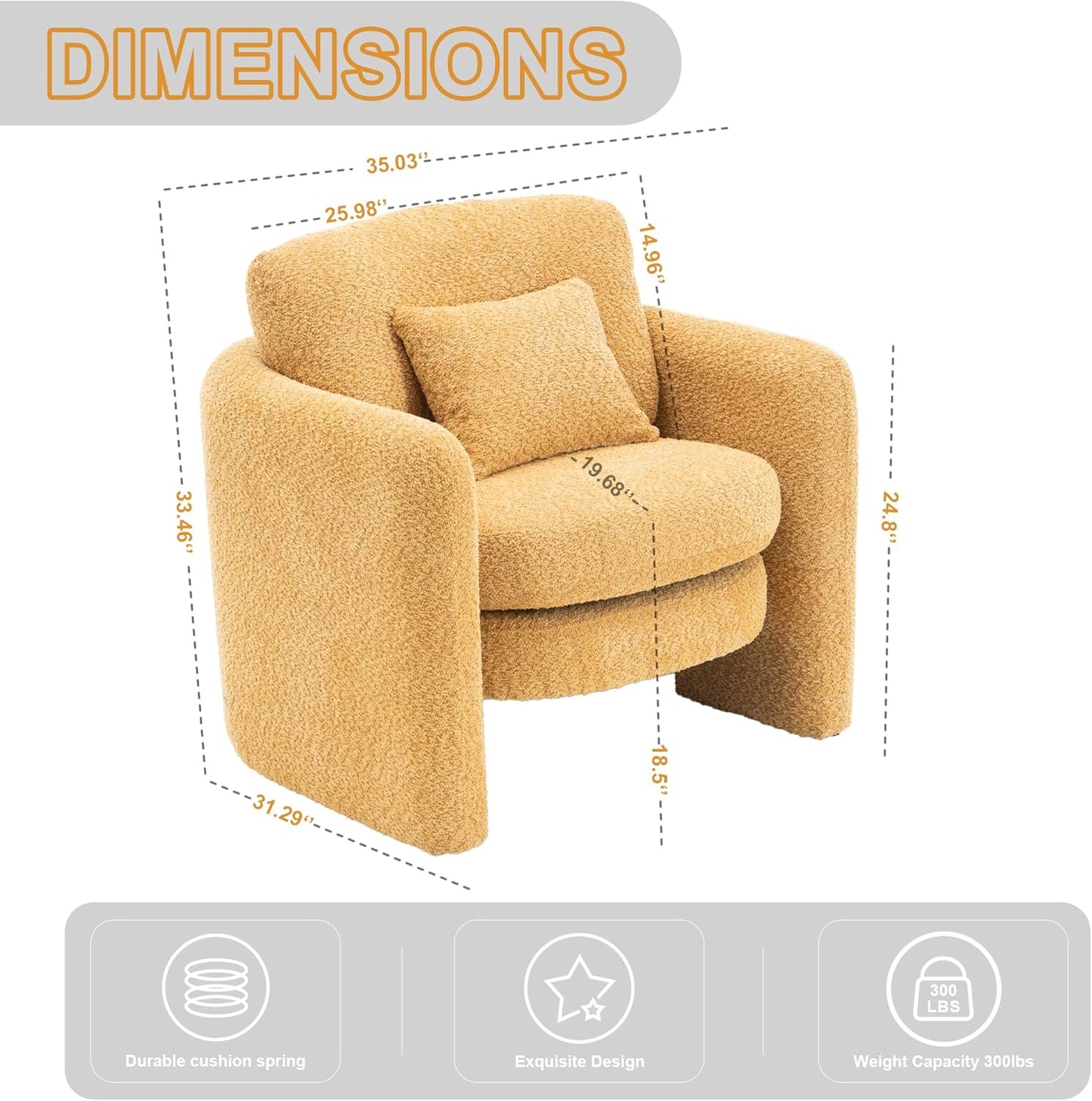 Chenille Accent Armchair Oversize Upholstered Barrel Comfy Modern Round Lounge Sofa Chair with Pillow Cozy Reading Chairs for Apartment,Office,Living Room,Dining,Makeup,Club,Yellow 2SET