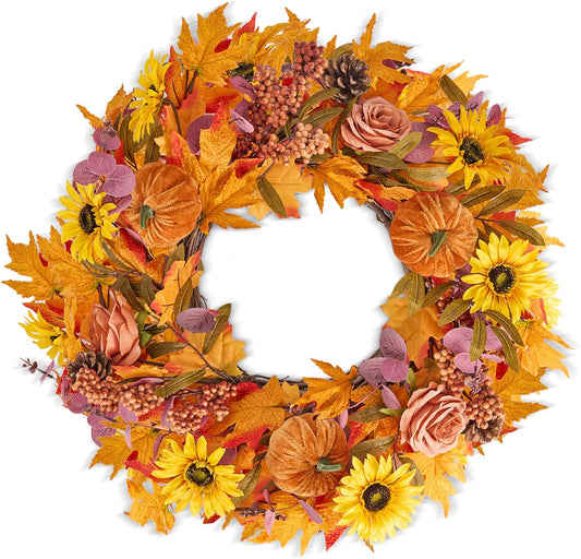 GENMOUS 24Inch Fall Wreaths for Front Door, Autumn Velvet Pumpkin Wreath Autumn Maple Leaves Porch Decor, Farmhouse Wreaths Home Wall Outdoor Indoor Thanksgiving Halloween Harvest Festival Fall Decor