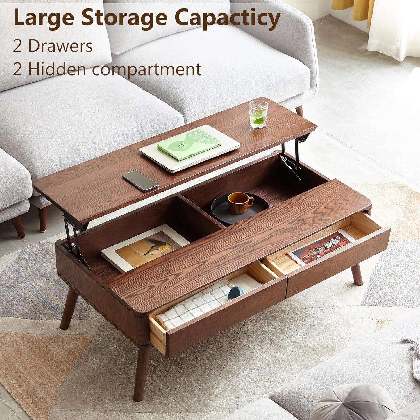 Solid Oak Wood Lift Top Coffee Table for Living Room, Mid Century Modern Tables with Drawers and Large Storage, Coffee Tables for Small Spaces (Oak Walnut Color, 39.37" W x 21.65" D x 25.59" H)