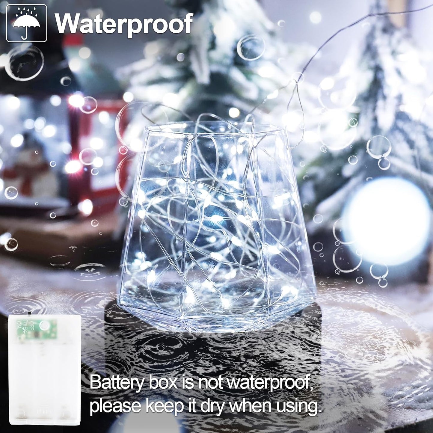 Christmas Decorations Cool White Fairy String Lights, Battery Operated with Timer, 2 Pack Total 33FT 100 Led Mini Battery Powered Twinkle Mason Jar Waterproof Firefly Lights DIY Party