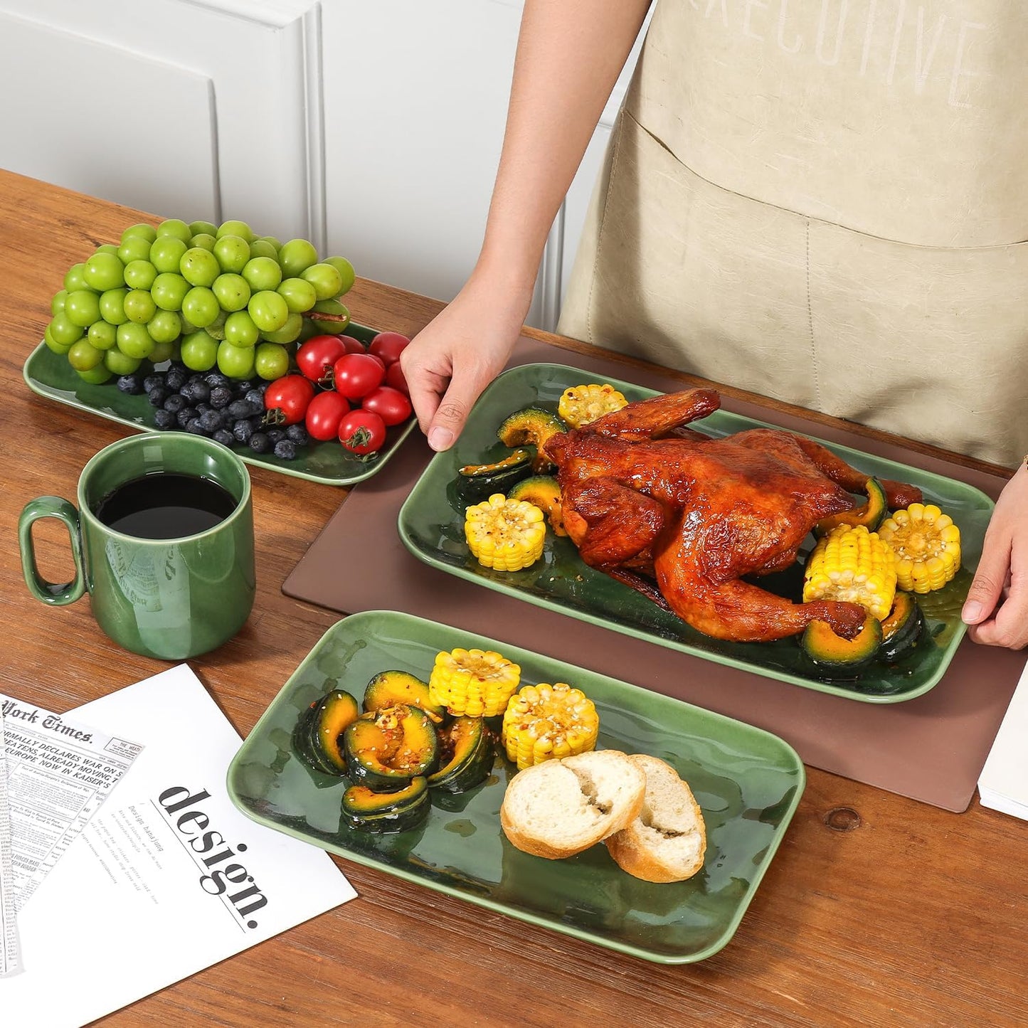 vicrays Ceramic Rectangle Serving Platters - 14" 12" 10" Porcelain Serving Trays Plates for Party BBQ Appetizers Sushi Dessert - Microwave Oven and Dishwasher Safe - Set of 3 Green