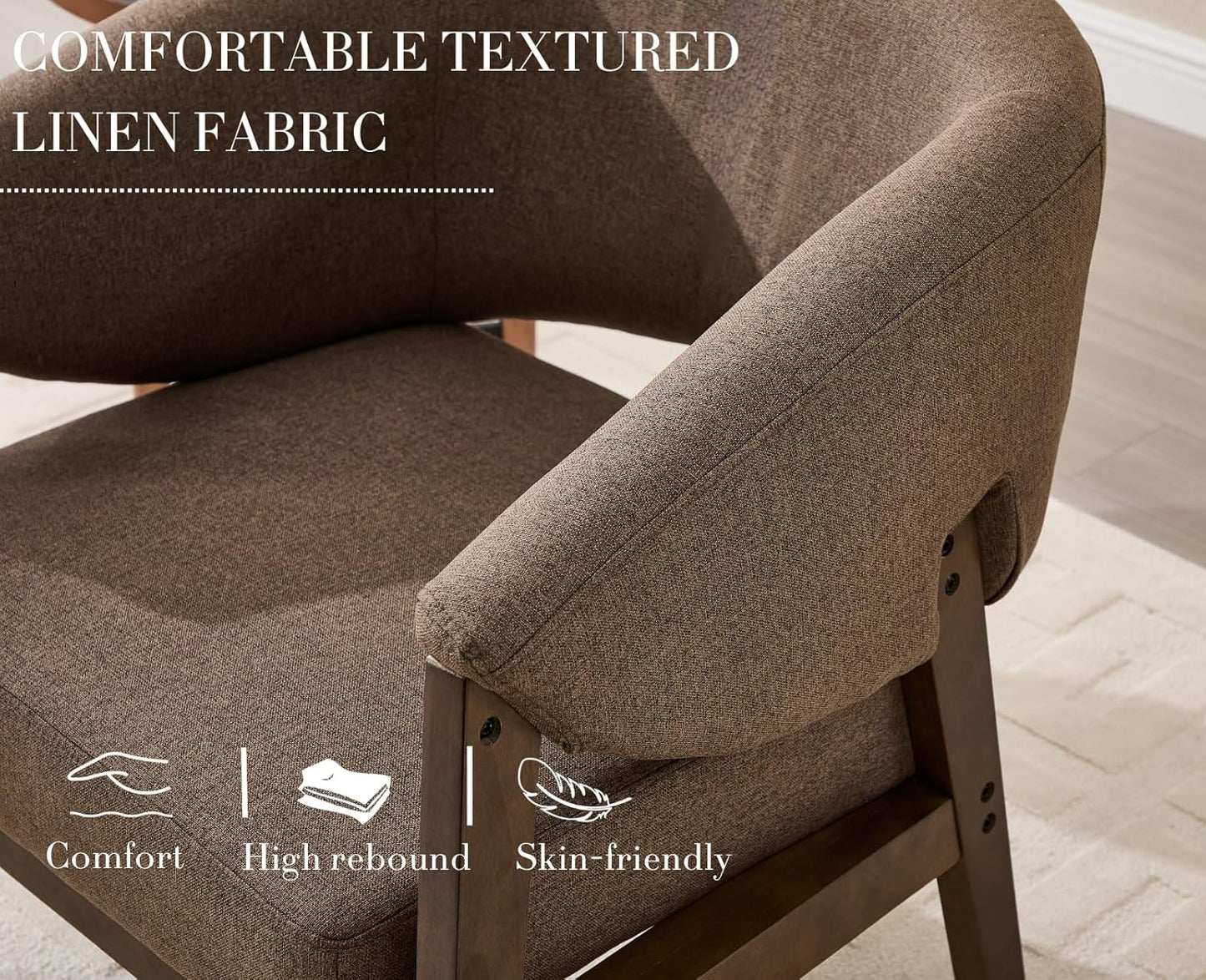 Mid-Century Modern Accent Chairs Set of 2, Comfy Barrel Armchairs with Wide Seat, Upholstered Lounge Chairs with Walnut Wood Legs for Living Room/Bedroom/Reading Corner, Linen Fabric, Brown