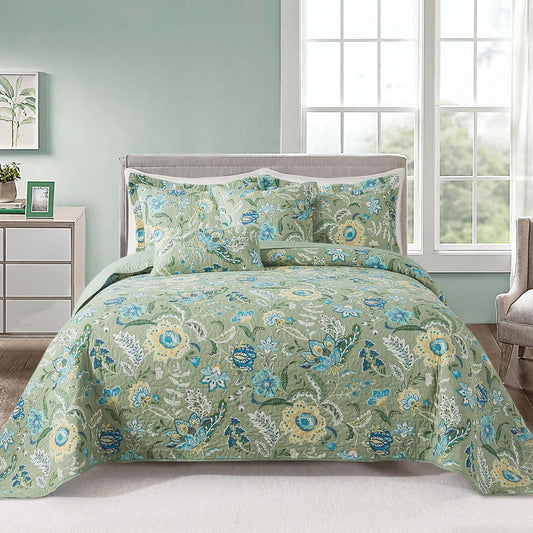 VAPUTAR King Quilt Bedding Set - Cotton Bedspreads King Size (98 x 106 inch) with Floral Pattern, Farmhouse Lightweight King Size Quilt Suitable for All Season（3 Pieces, Olive Green）