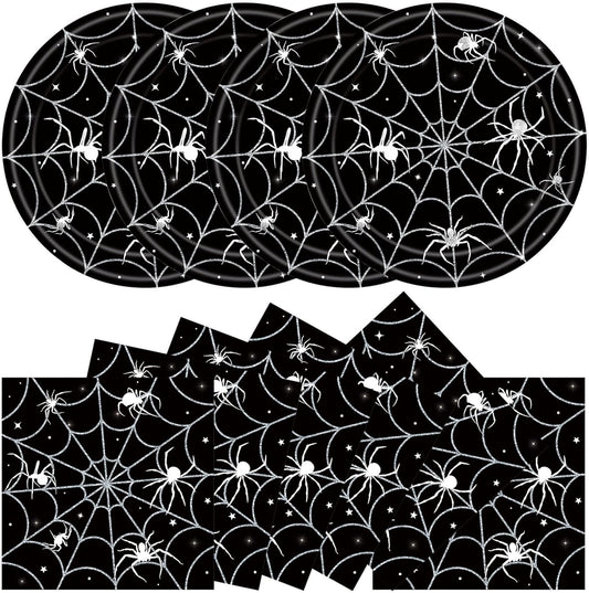 40Pcs Halloween Paper Plates and Napkins Party Supplies, Spider Web Plates Napkins Disposable Dinnerware Set for Spooky Halloween Party Decorations