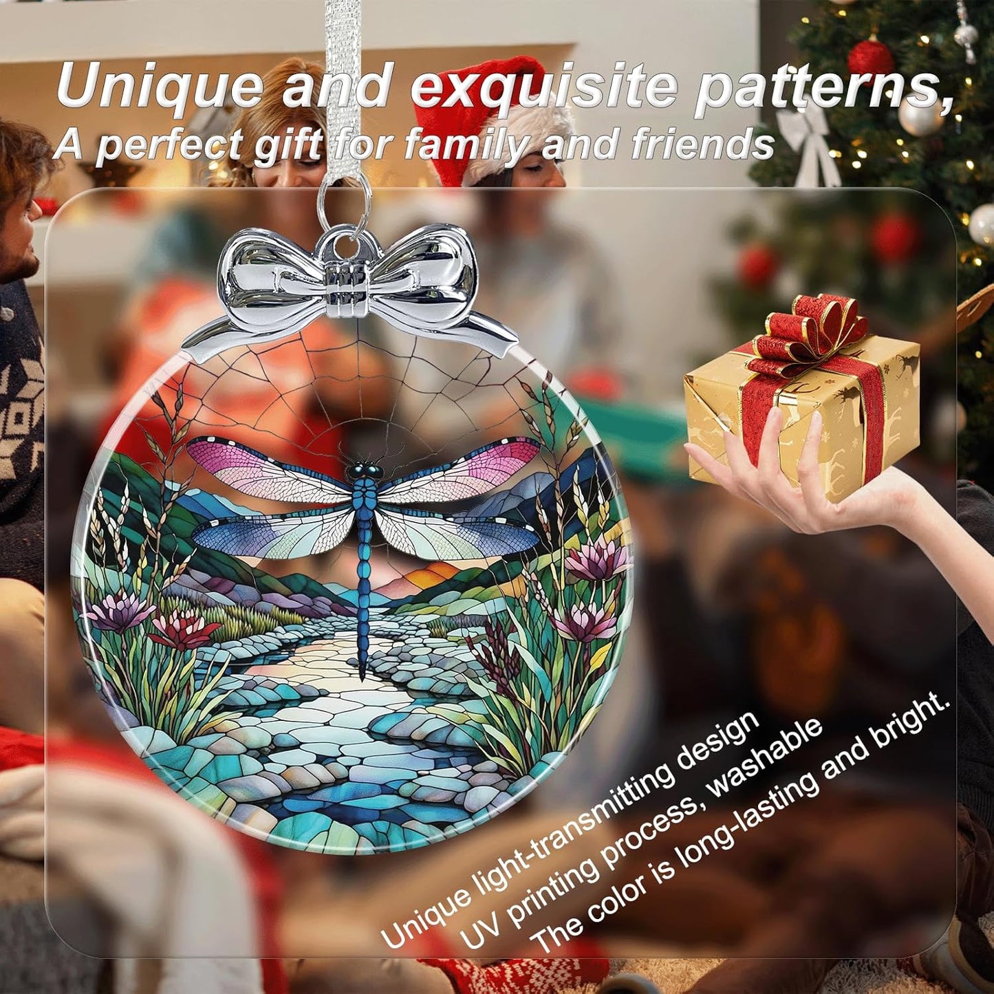 Dragonfly Stained Glass Christmas Ornament - Hanging Ornaments for Christmas Tree Decorations -Holiday Keepsake Present Exchange Idea