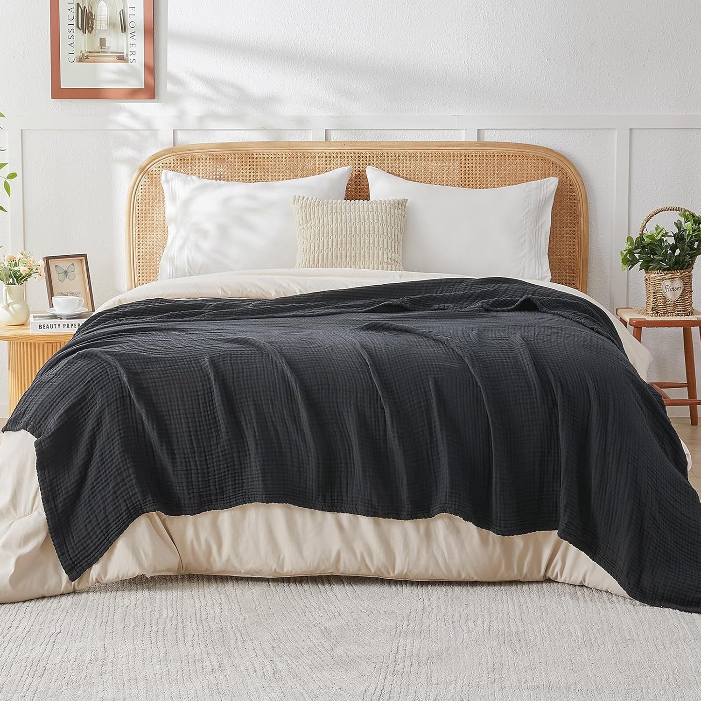 EMME Cotton Muslin Twin Blanket Breathable Gauze Blanket Soft Lightweight Blankets Adults Gifts for Women (Black, 60"x80")
