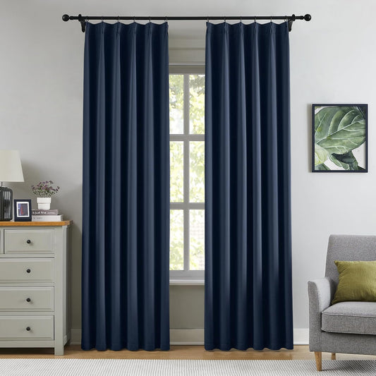 KangBang Navy Blue Pinch Pleated Curtains & Drapes 90 Inches Long for Boys Bedroom, Thermal Insulated Light Blocking Window Draperies for French Door with Hooks Track System 2 Panels, W40xL90