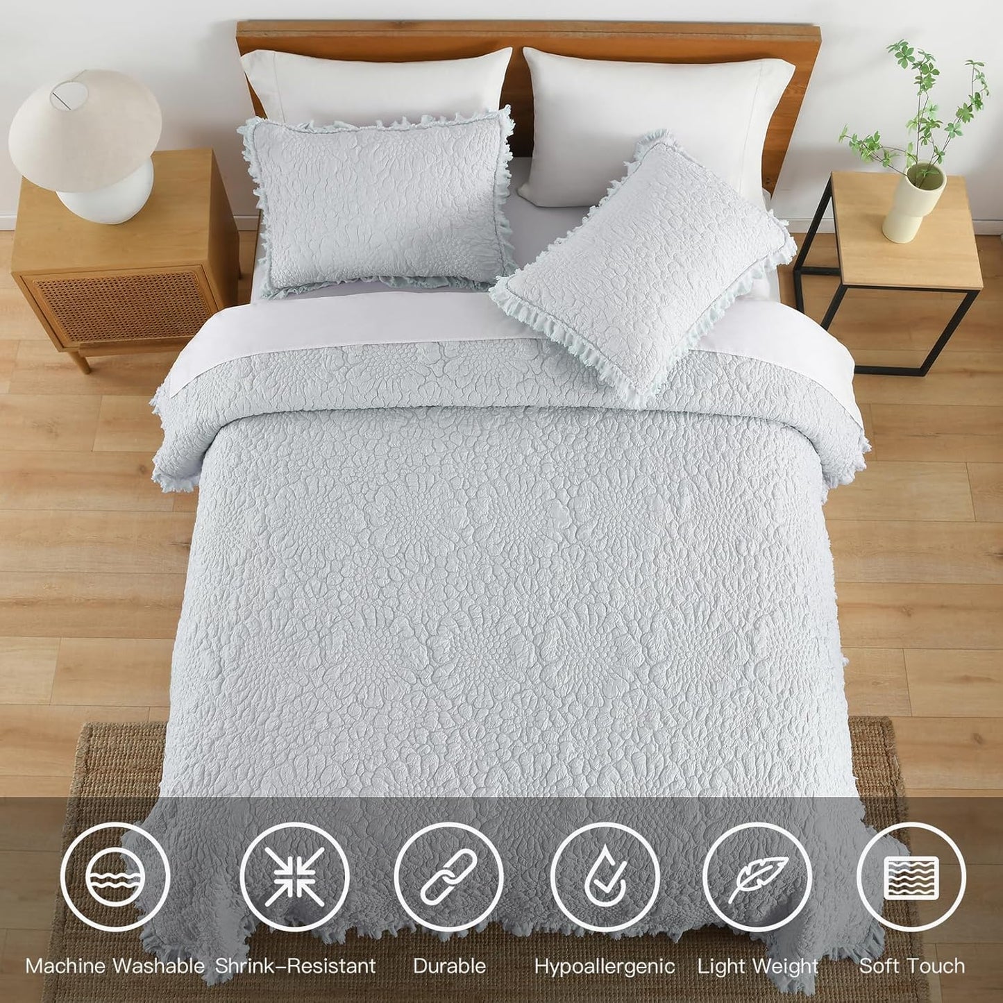 Light Blue Ruffled Quilt King Size, Stone-Washed Microfiber Lightweight Crinkled Farmhouse Rustic Shabby Chic Bedding Set, 3 Pieces Reversible Bedspread Coverlet with Pillow Shams for All Season