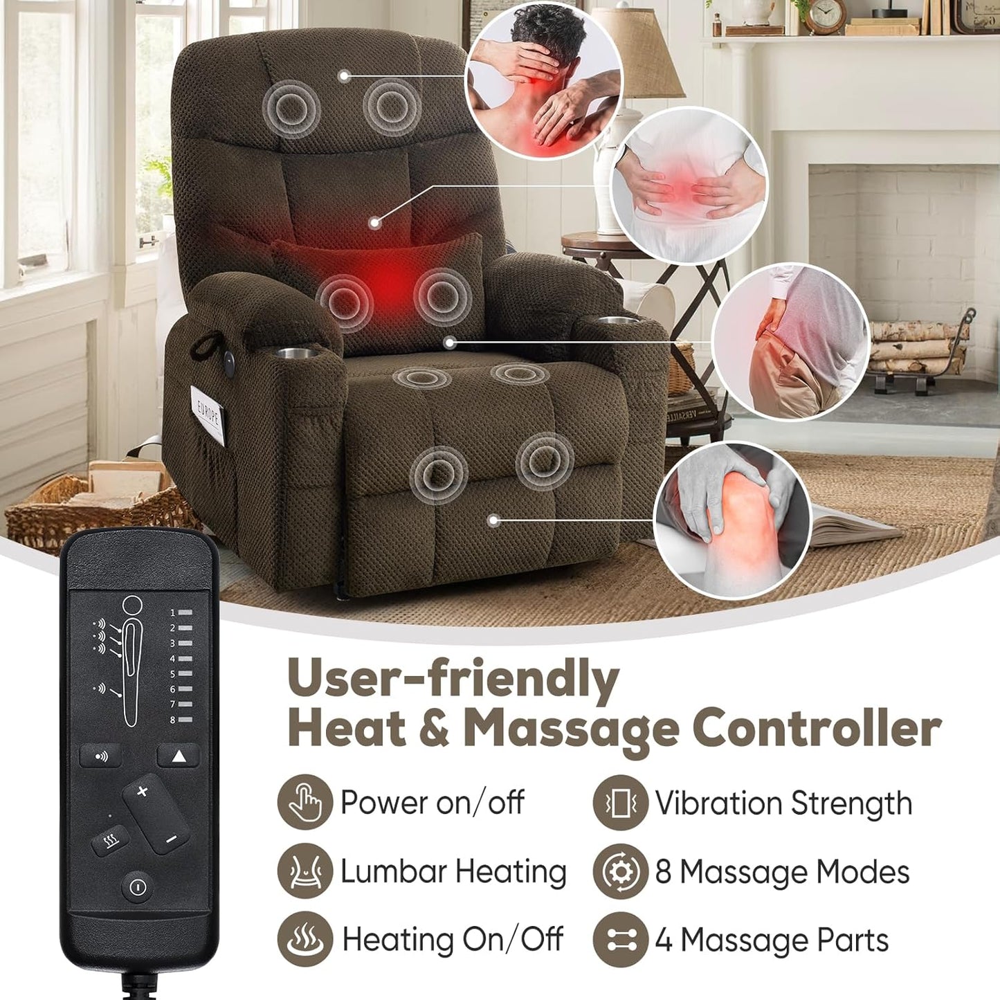 Oversized Dual Motor Lay Flat Power Lift Recliner Chair with Massage, Heating, Lumbar Pillow, USB & Type-C Ports, Textile Lift Chairs Recliners, Large Recliner for Big & Elderly People - Brown