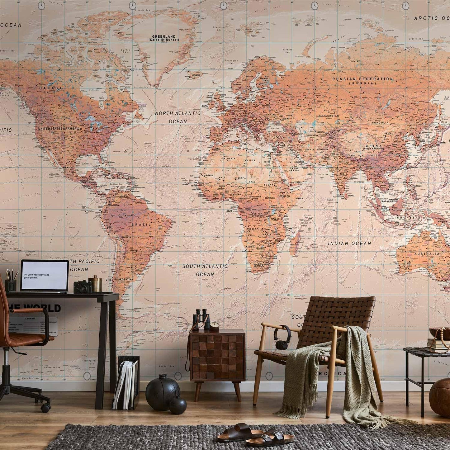 artgeist Premium Wall Mural World Map 118x83 in - XXL Non-Woven Wallpaper Fleece Wall Decor Photo Print Picture Image Design Home Map of The World k-A-0091-a-c