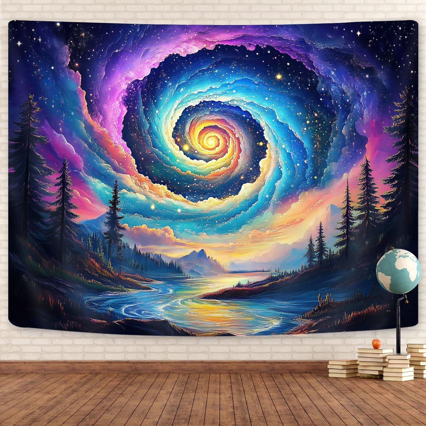 Galaxy Space Tapestry, Cool Colorful Trippy Forest Mountain River Aesthetic Tapestries, Psychedelic Starry Sky Swirls Misty Fantasy Landscape Tapestry Wall Hanging College Bedroom for Guys Men 80X60