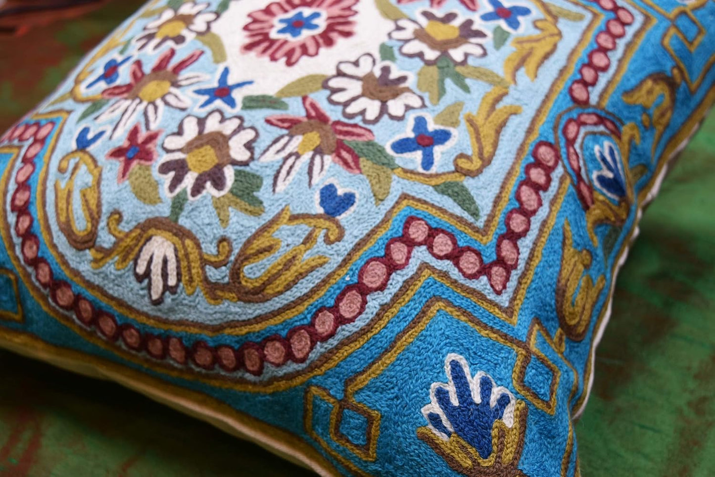 Turquoise Floral Pillow Cover Traditional Blue Flower Pillowcase Traditional Outdoor Cushion Suzani Flower Throw Florals Chair Farmhouse Hand Embroidered Cushions Wool 18x18 Inch