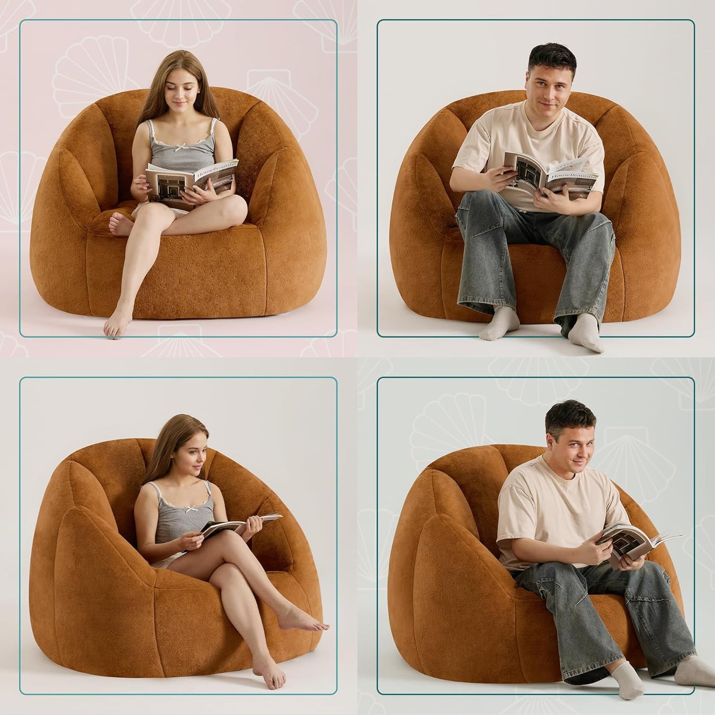 Giant Bean Bag Swivel Chair for Adults - Comfy Plush Round Shell Soft Accent Chair, Oversized Cozy Floor Sofa for Living Room, Bedroom & Game Rooms, Orange