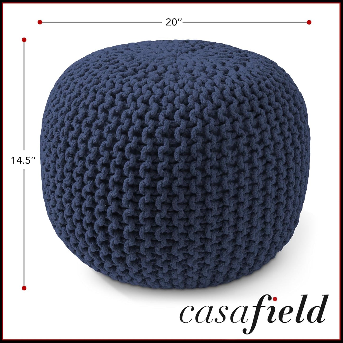 Casafield Round Pouf Ottoman, Navy Blue - 20" Diameter x 14.5" High Cotton Knit Foot Stool - Boho Floor Pouffe for Living Room, Bedroom, Home Office