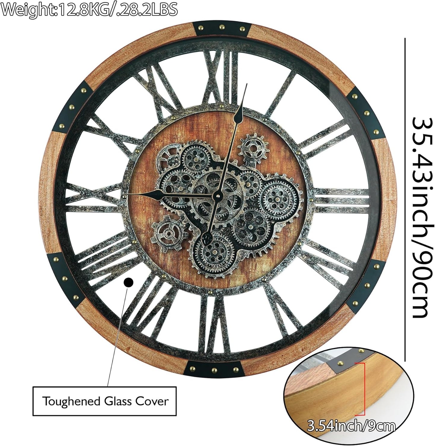 DORBOKER 36'' Large Wall Clock Real Moving Gears Oversized Industrial Solid Wood Rusic Farmhouse Clocks for Living Room Wall Decor Home Office, 36 inch 90cm, Brown and Vintage Bronze
