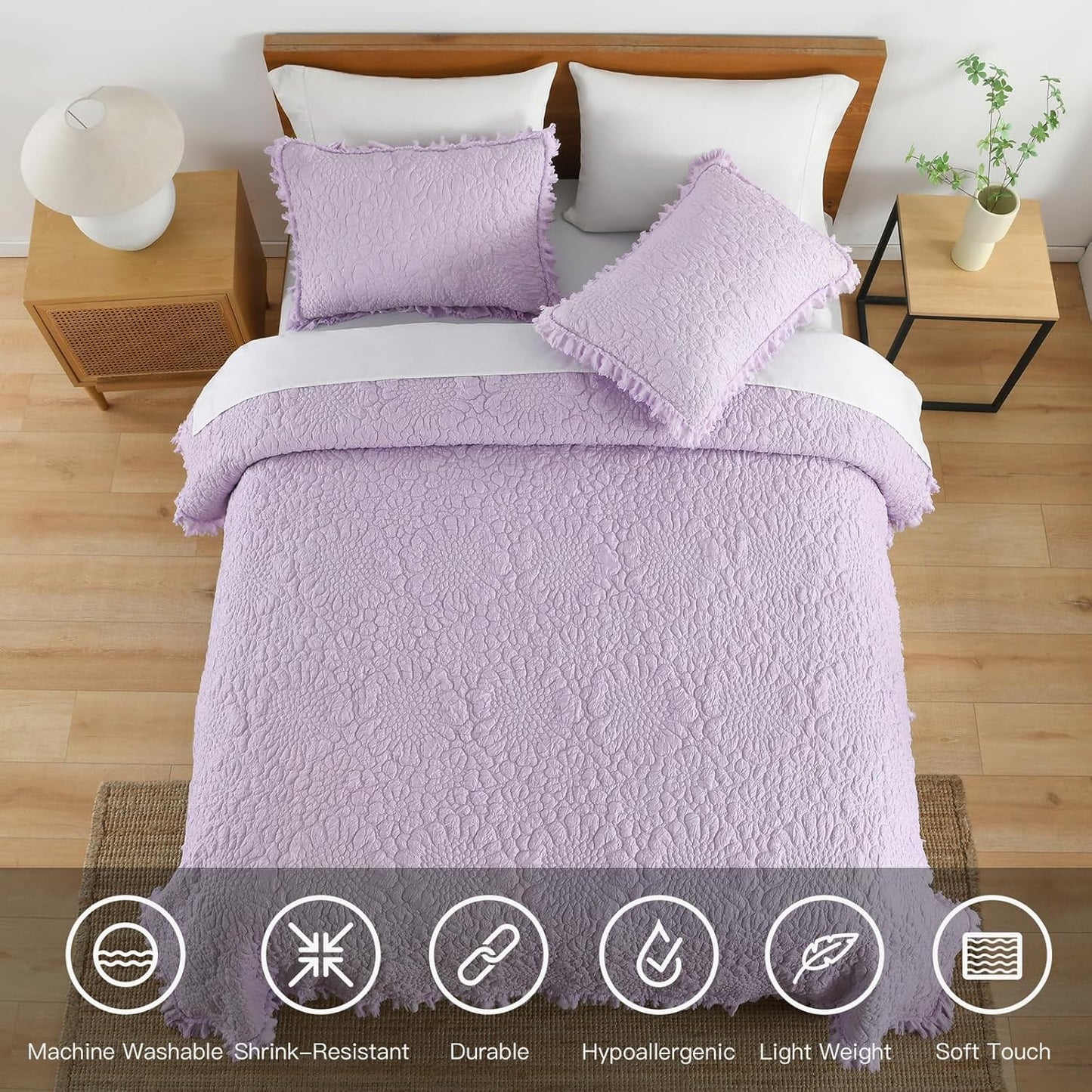 HORIMOTE HOME Lavender Ruffled Quilt Queen Size, Stone-Washed Microfiber Lightweight Crinkled Farmhouse Rustic Shabby Chic Bedding Set, 3 Pieces Reversible Bedspread with Pillow Shams for All Season