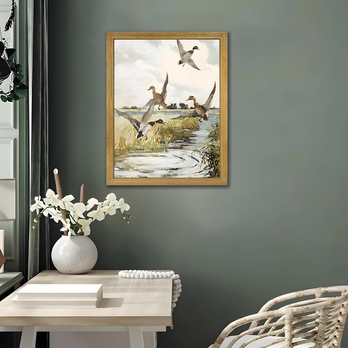 Framed Vintage Duck Wall Art Print, Rustic Mallard Watercolor Canvas Poster Wall Decor, Country Wildlife Bird Illustration for Farmhouse Living Room Kitchen Bedroom Decor 12x16 Inch