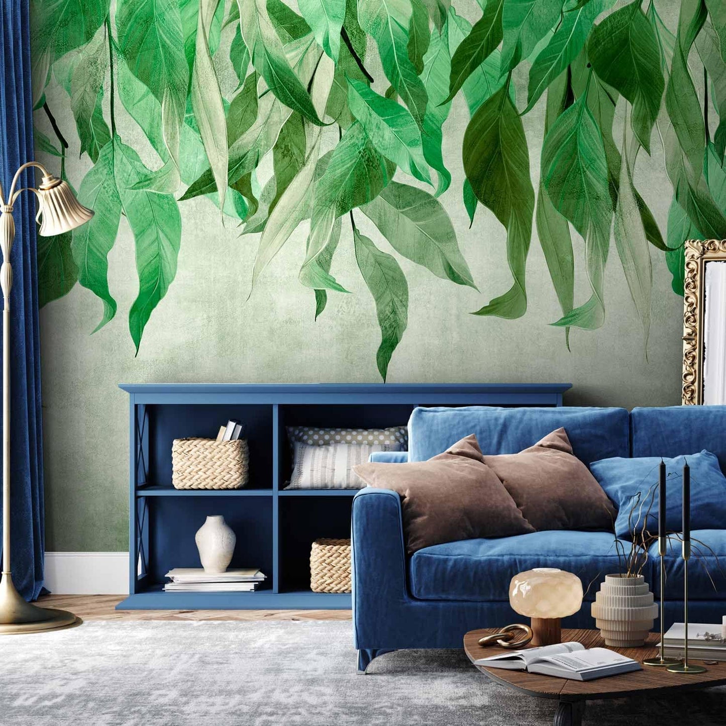 artgeist Wall Mural Hanging Leaves 77x55 in - Peel and Stick Self-Adhesive Wallpaper Removable Large Sticker Foil Wall Decor Print Picture Image Design Nature Botanical Concrete Green b-C-10146-a-a