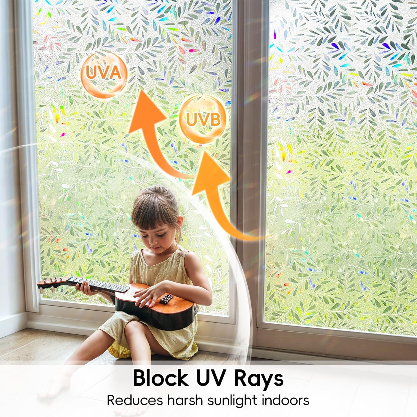 DUOFIRE Window Privacy Film Rainbow Window Film Decorative Leaves Pattern Window Cling Frosted Reusable Anti-UV Non-Adhesive Static Cling Privacy Film for Home Office 23.6 × 78.7 inches