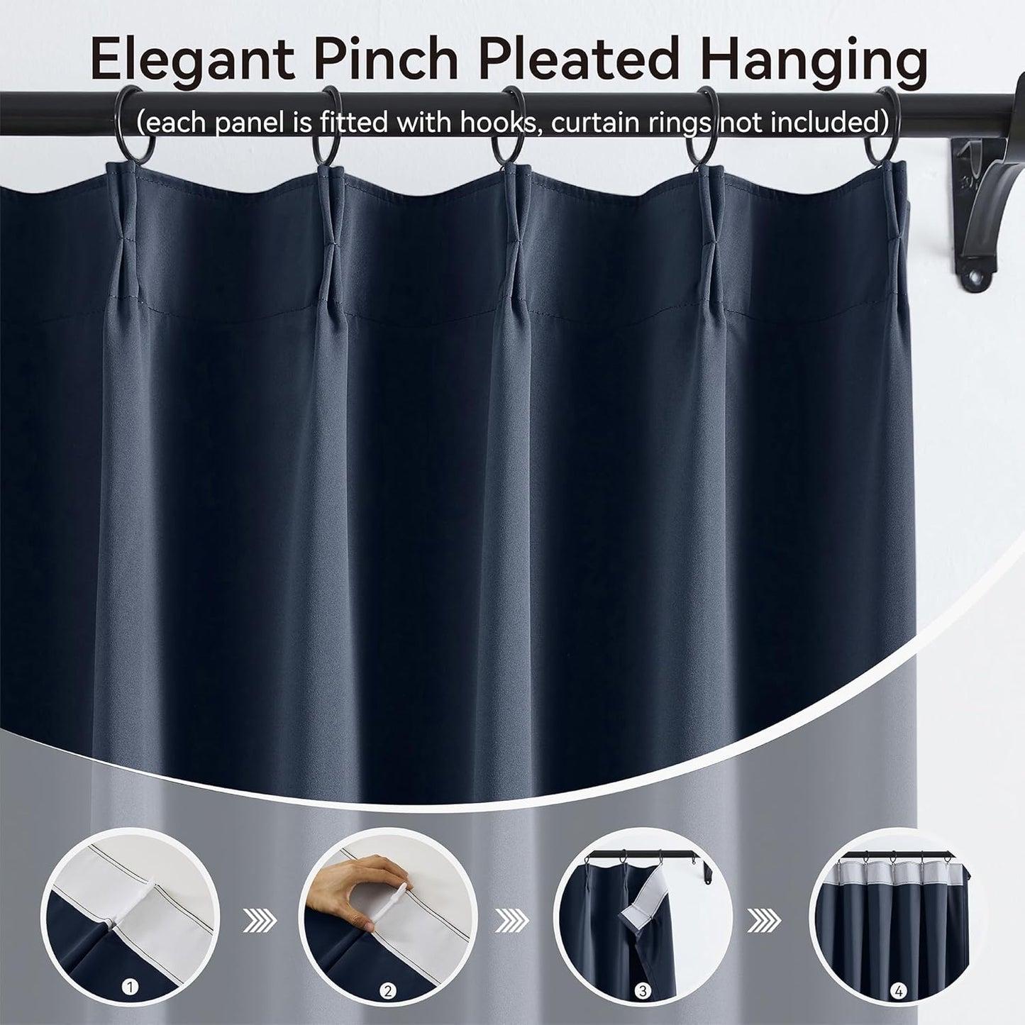 KangBang Navy Blue Blackout Curtains 96 Inches Long for Living Room, Pinch Pleat Room Darkening Black Out Drapes for Boys Playroom, Fashion Nautical Style Decor 2 Panels, 40”Wx96”L