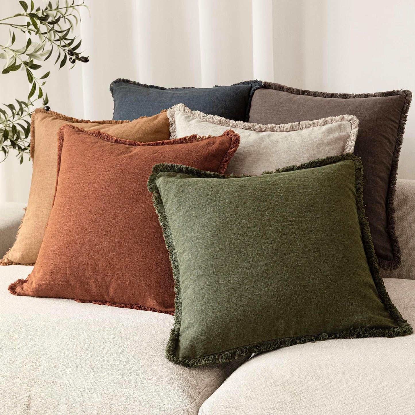 Foindtower Set of 2 Decorative Linen Fringe Throw Pillow Covers Farmhouse Cushion Cover with Tassels Soft Accent Pillowcase for Couch Chair Sofa Bed Living Room Home Decor,18×18 Inch,Fall Rust Orange