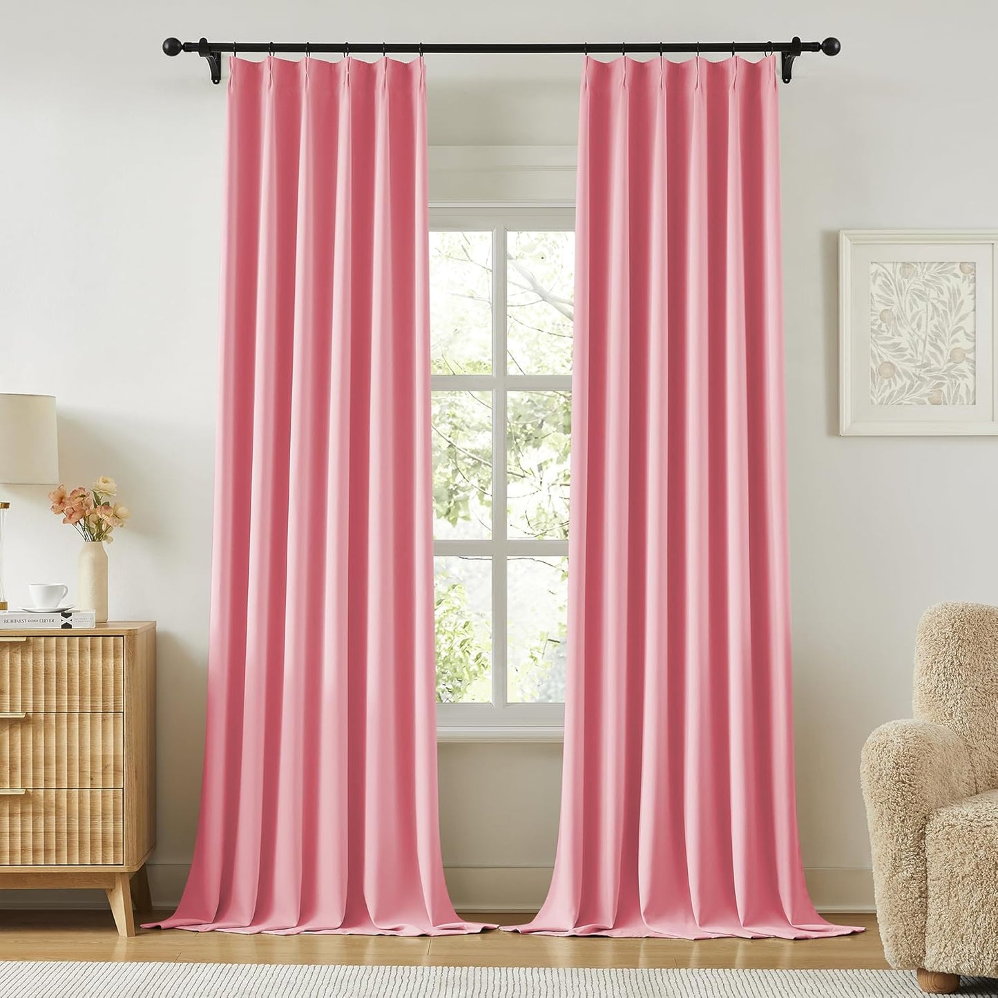 KangBang Solid Pink Room Darkening Curtains 108 Inches Long, Pinch Pleated Thermal Insulated Luxury Window Treatments for Girls Bedroom Living Room with Hooks(40"x108"x2)