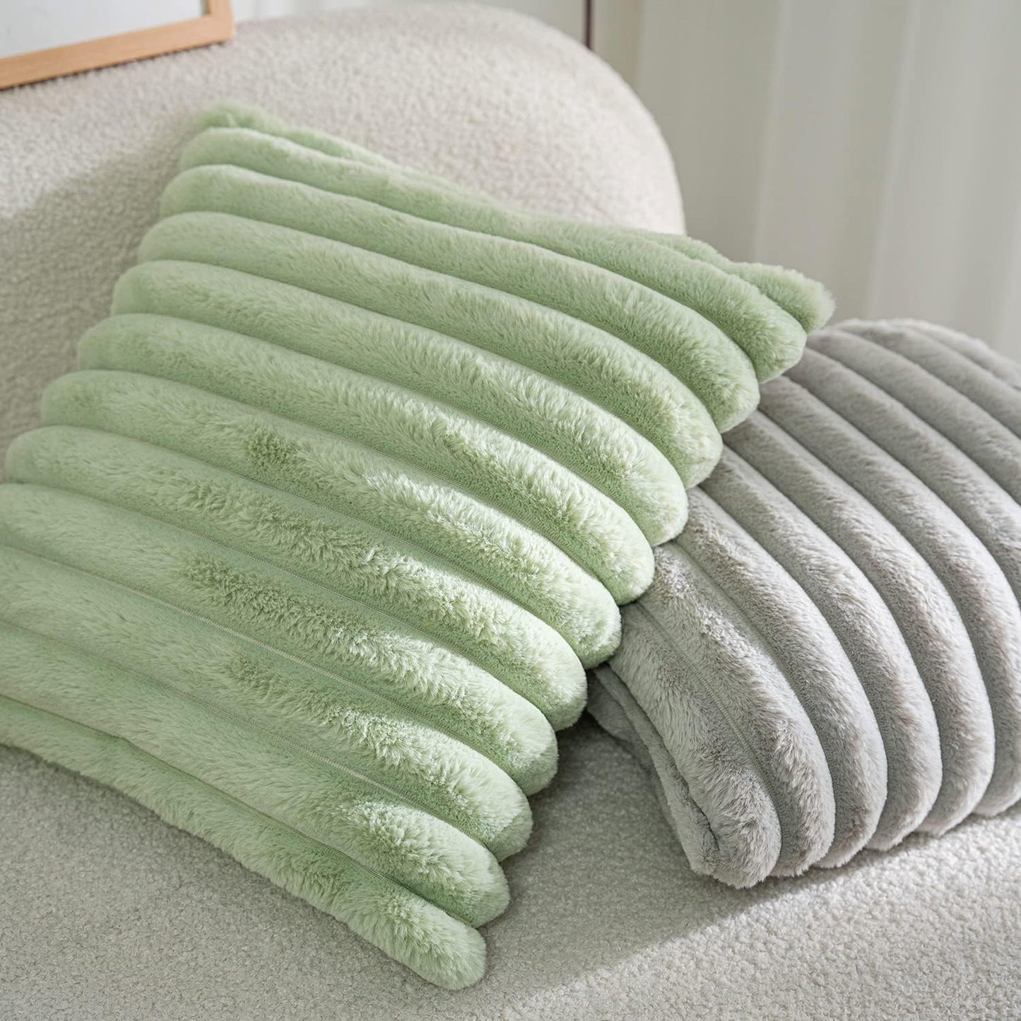 DEELAND Pack of 2,Double-Sided Faux Fur Plush Decorative Throw Pillow Covers Fuzzy Striped Soft Pillowcase Cushion Covers for Sofa Couch Bedroom Green 22x22 inch