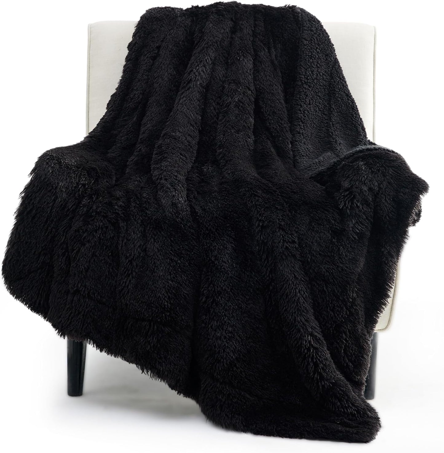 Bedsure GentleSoft Fuzzy Sherpa Faux Fur Twin Blanket Black Cozy Gifts for Women Men, Soft Fleece Plush Warm Minky Thick Blanket Twin Size for Bed, Couch, Dorm Essentials Black Decor Gifts, 60x80