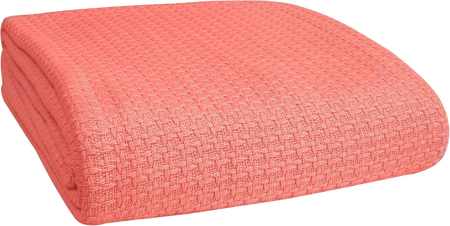 BELIZZI HOME 100% Cotton Bed Blanket, Breathable Bed Blanket Twin Size, Cotton Thermal Blankets Twin, Perfect for Layering Any Bed for All Season, Coral