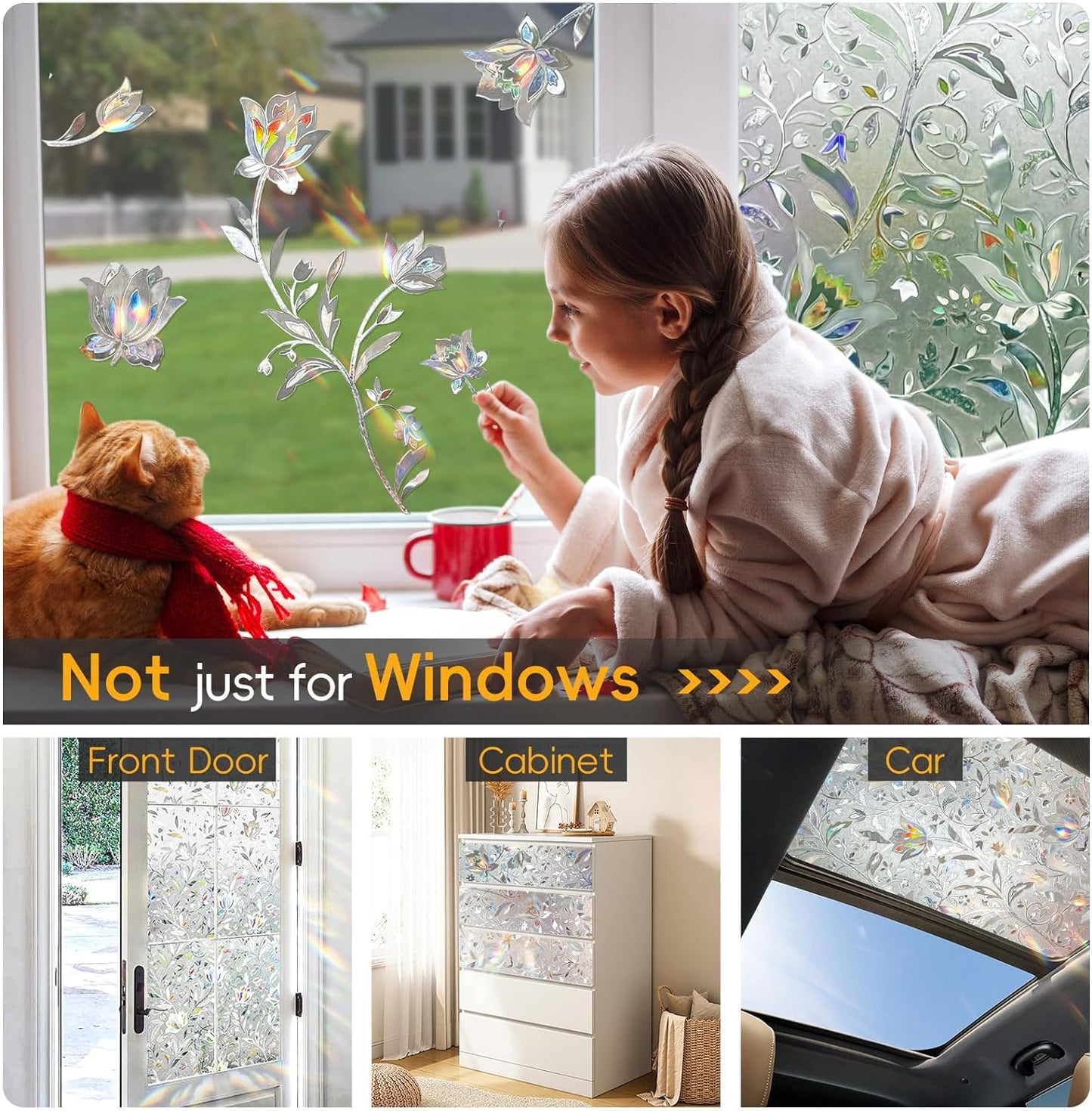 Rainbow Window Privacy Film Decorative, Stained Glass Window Tint for Home, 3D Decals Window Clings for Glass Windows, Static Cling Window Sticker, Suncatcher Window Cover,35.4" by 78.74"