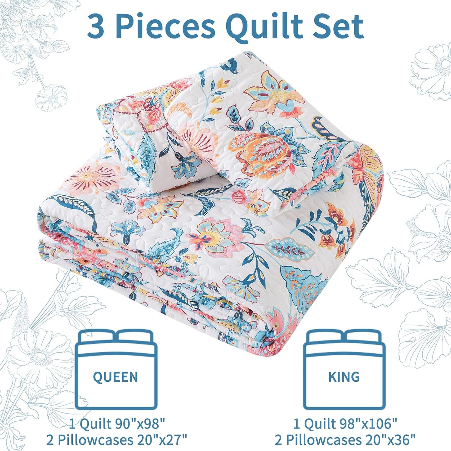 VAPUTAR Garden Queen Size Quilt Bedding Set for Adults - Farmhouse Queen Bedspread (90 x 98 inch) with 2 Pillow Shams - Lightweight Reversible Coverlet Quilt for Bedroom, 3 Pieces