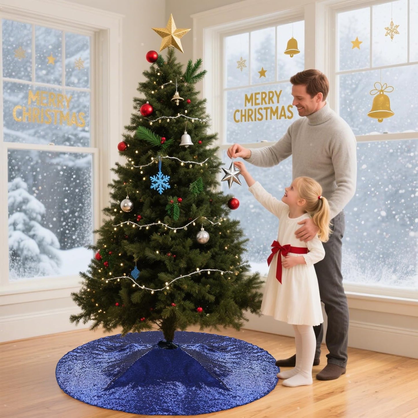 Eternal Beauty Christmas Tree Skirt, 50 Inch Navy Blue Sequin Tree Skirt Small Xmas Tree Skirt for Christmas Tree Decorations