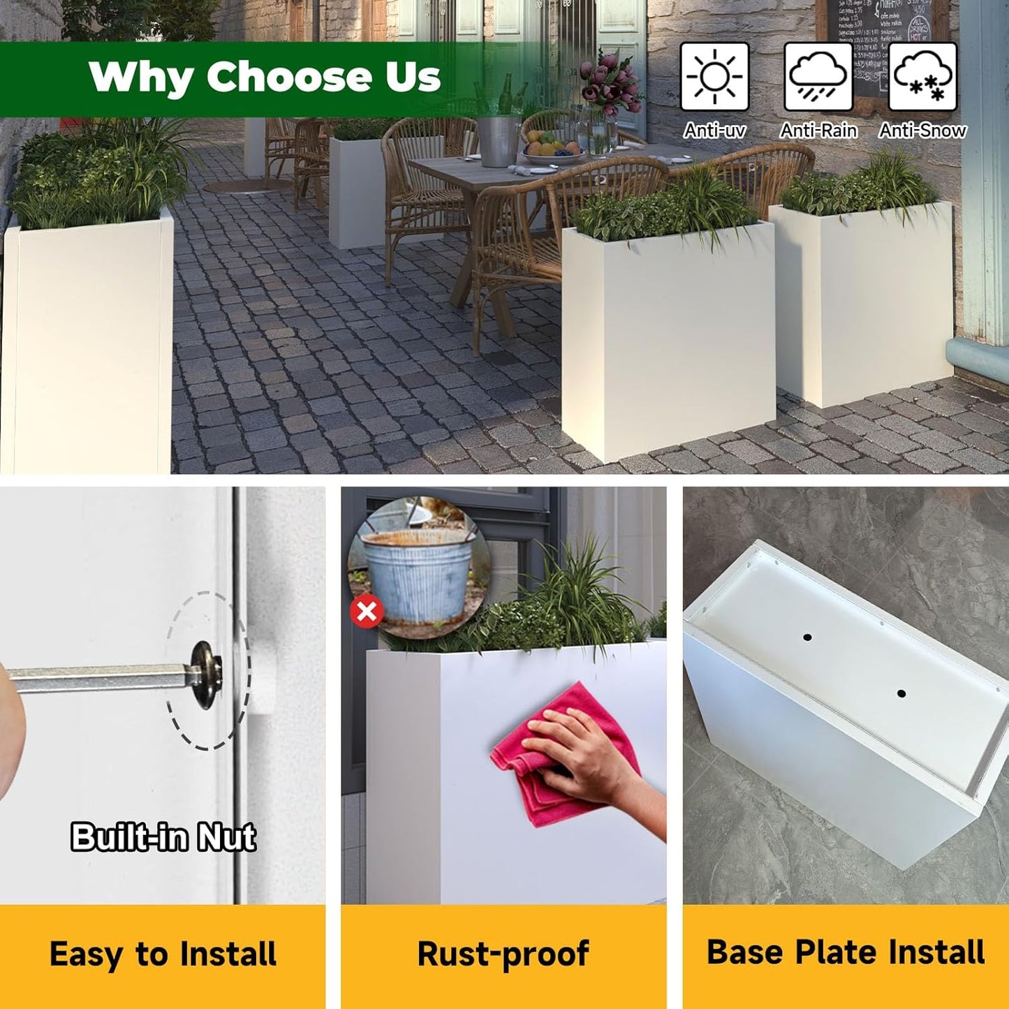 Galvanized Steel Metallic Heavy Planter for Outdoor Plants 24"x10"x24" Metal Planters Spliced Flower Planter with Partitions for Outside,Indoor,Garden (White, 24 * 10 * 24)