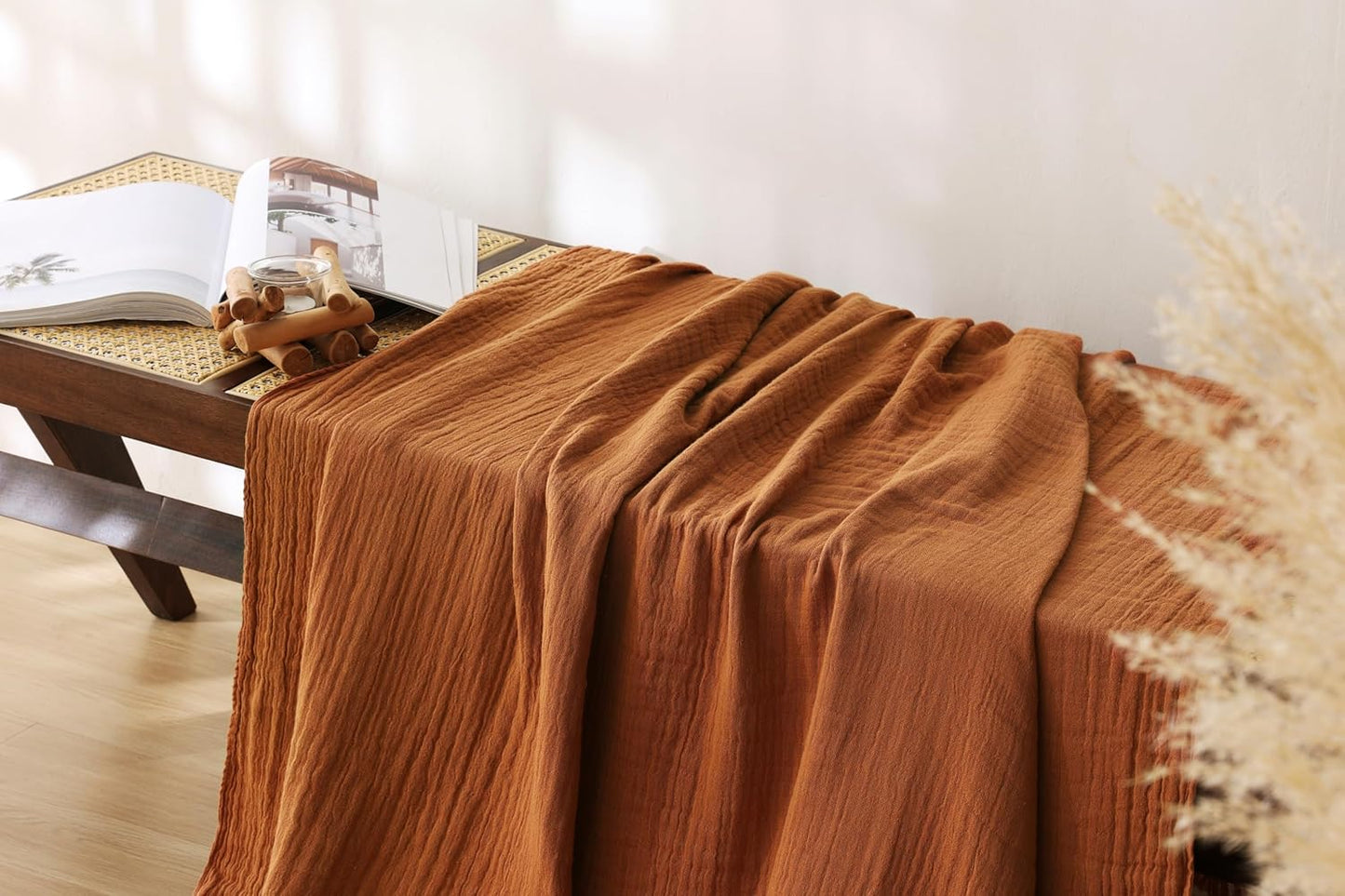 100% Cotton Muslin Throw Blanket for Bed, Couch, Travel, Luxuriously Soft, Pre-Washed, Breathable and Lightweight Gauze Blanket with Tassels, Suitable for All Seasons, Rust, 50"x60"