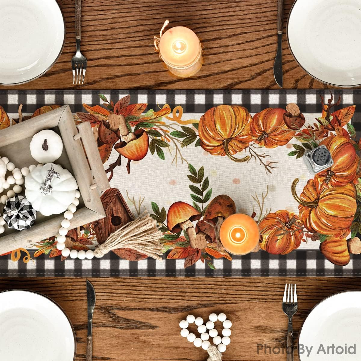 Artoid Mode Buffalo Plaid Pumpkins Mushrooms Birdhouse Leaves Table Runner, Seasonal Fall Harvest Vintage Kitchen Dining Table Decoration for Indoor Outdoor Home Party Decor 13 x 90 Inch.