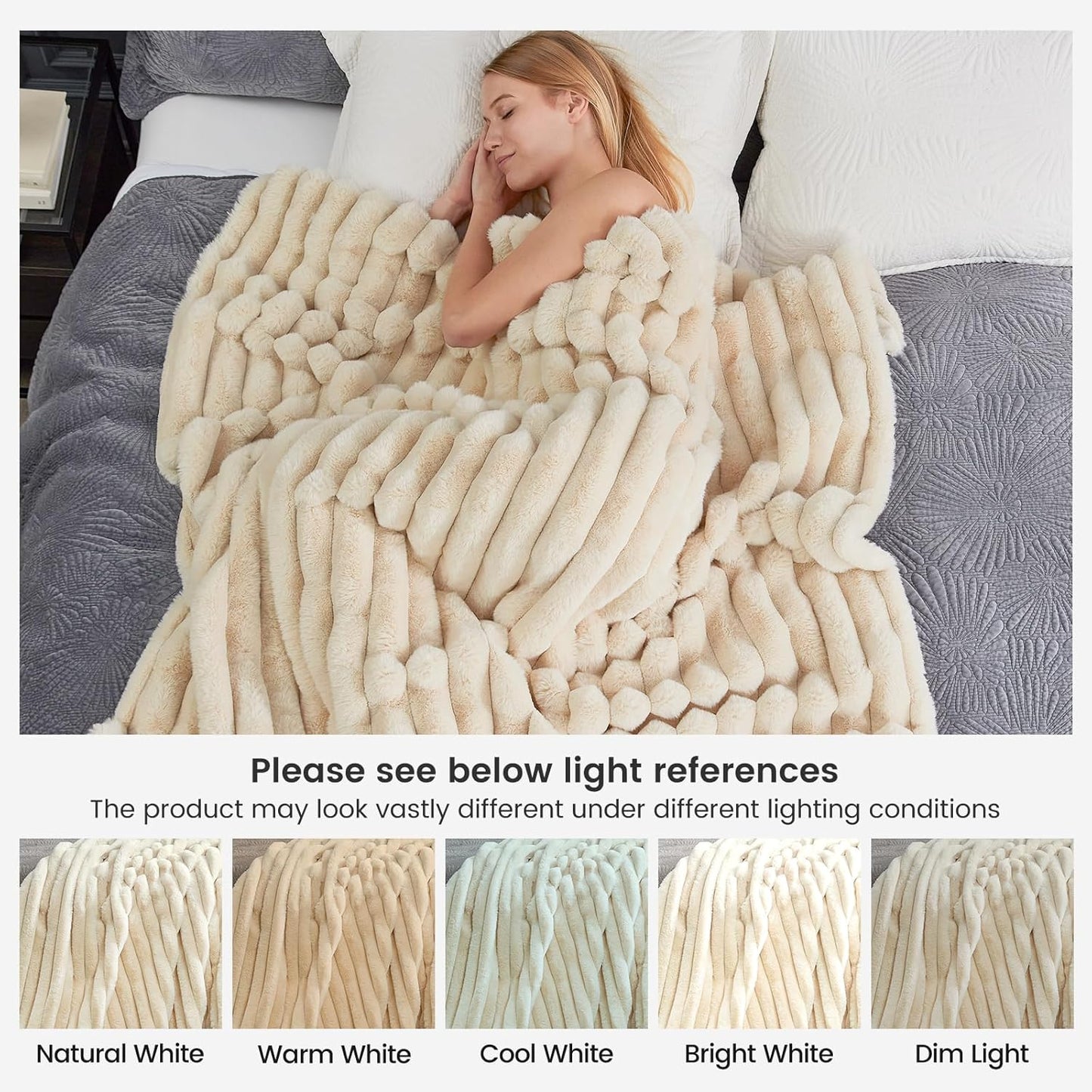 Cozy Bliss Faux Fur Throw Blanket for Couch, Cozy Warm Plush Striped Blanket for Sofa Bedroom Living Room,50 * 60 Inches Beige