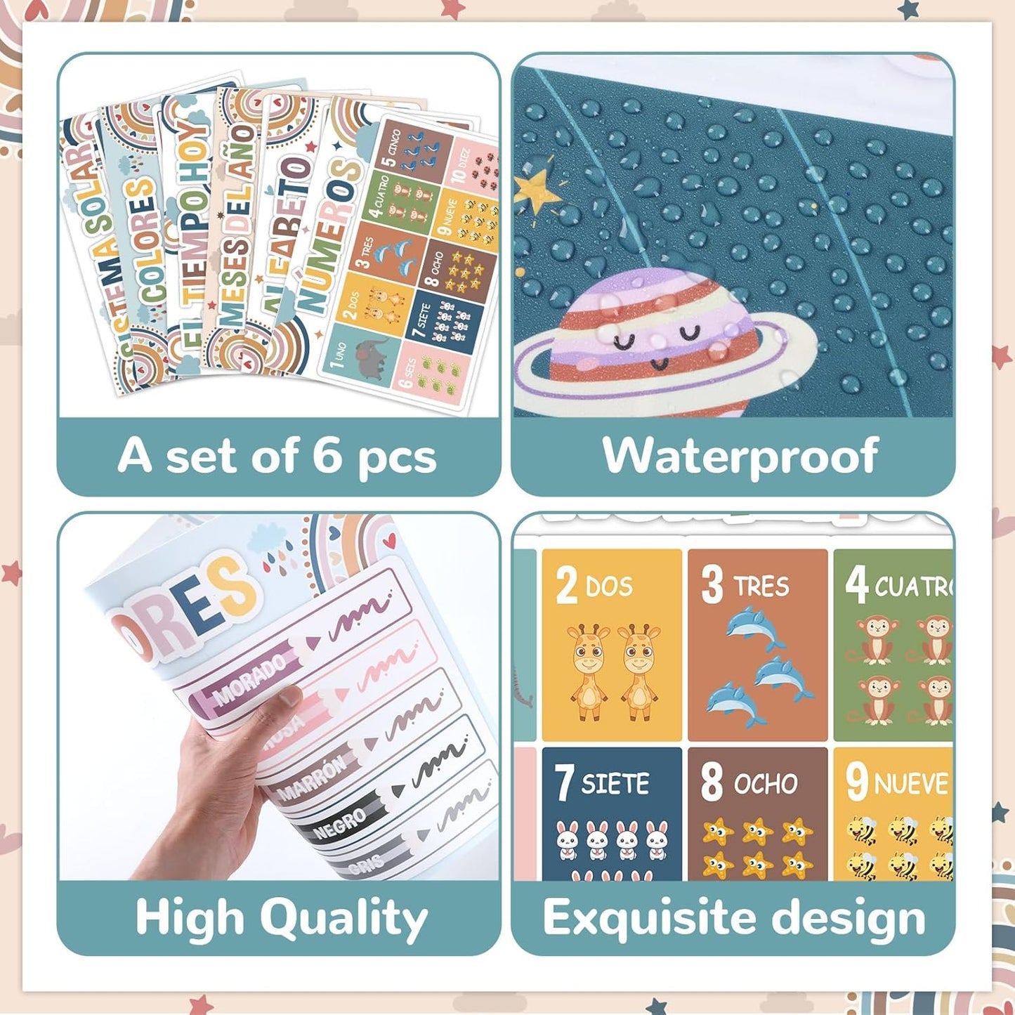 Spanish Educational Preschool Placemats Set of 6 Boho Plastic Table Mats Toddler Children Montessori Place Mats for Kids Washable Vinyl Holiday Table Decoration for Indoor Outdoor Party Kitchen Dining