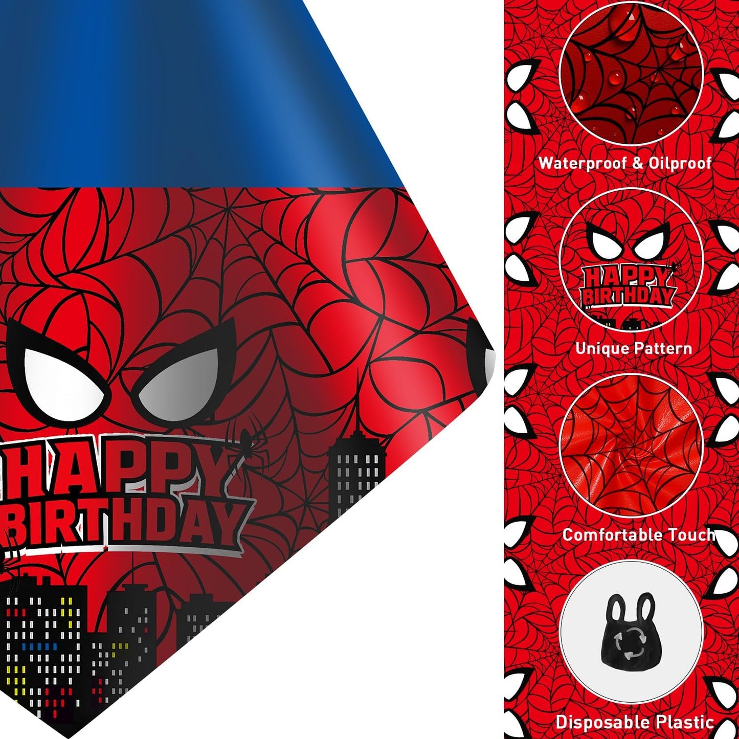 16Pcs 2in1 Spider Birthday Decorations Tablecloths, 54" x 108" Super Hero Spider Table Cloth Disposable Rectangle Plastic Table Cover for Boys Birthday Party Supplies