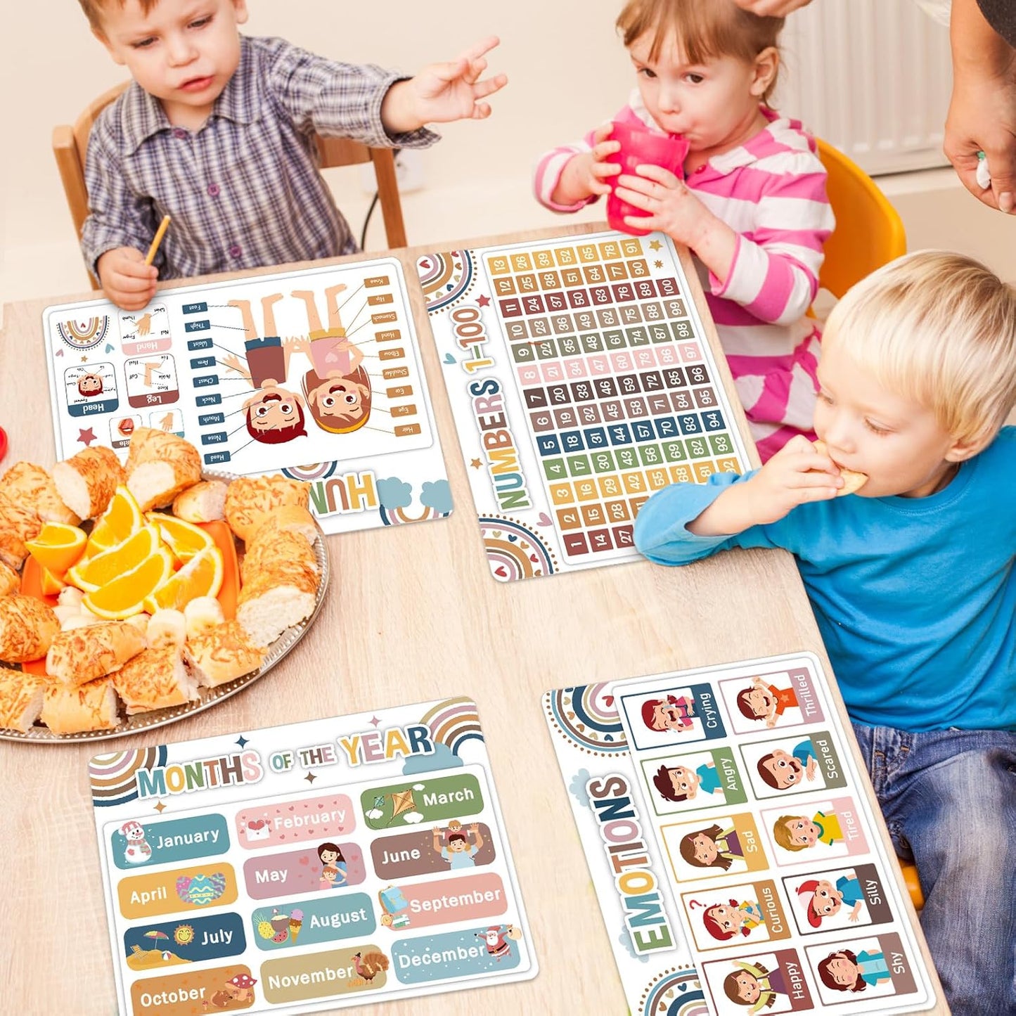 Educational Preschool Kids Placemats Set of 6 Boho Toddler Montessori Plastic Table Mats Non Slip Reusable Kids Place Mats Washable Table Decoration for Indoor Outdoor Party Kitchen Dining